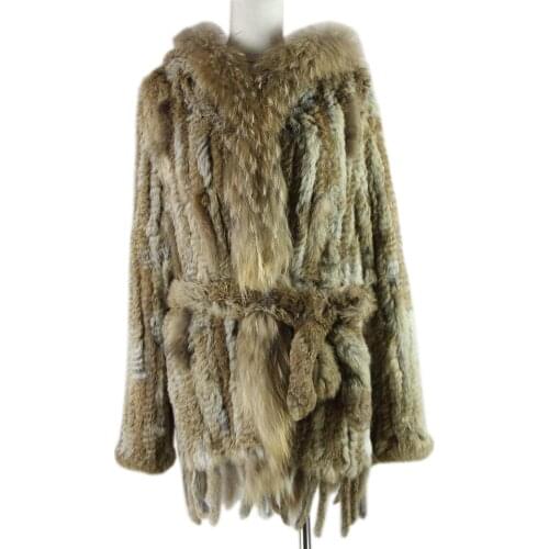 HARPPIHOP*2020 free shipping lady knitted Real rabbit fur coat/ jacket/ outware with hood women belt long with tassels