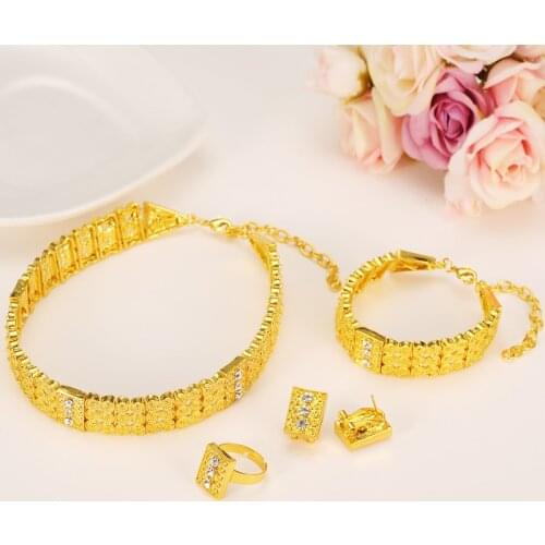 Gold ethnic necklace african chokers necklace bracelet earring ring sets crystal habesha bridal wedding jewelry party women gift