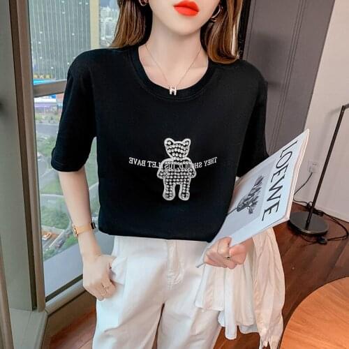 Summer Diamond Bear Women T-shirt Harajuku Oversize Short-Sleeved Women Cotton Loose Korean Female Clothes