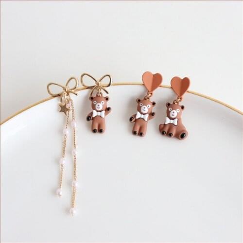 Cute Lovely Brown Beer Bow Drop Earrings Vintage Elegant Animal Pearl Heart Ear Jewelry For Women Girl Lady Accessories 2021 New