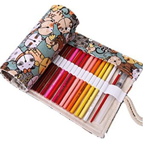 Cute Canvas School Pencil Case 36/48/72 Holes Roll Up Pencil Bag Portable Pencil Box School Supplies Student material escolar