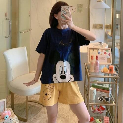 Disney Mickey Mouse Cute Pajamas Set Summer Ladies Short Blouse and Shorts Sleepwear Winnie the Pooh Pyjamas Girl Nightwears Set