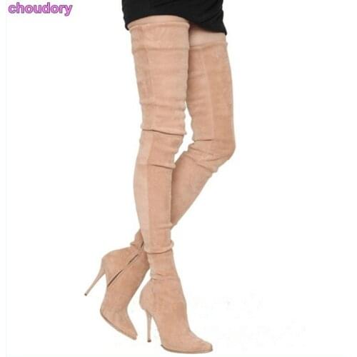 2017 Fashion Week Show Fine Tip High-heeled Over-the-Knee Sexy Female Long Boots T Station Model Street Shoot Elastic Suede Boot