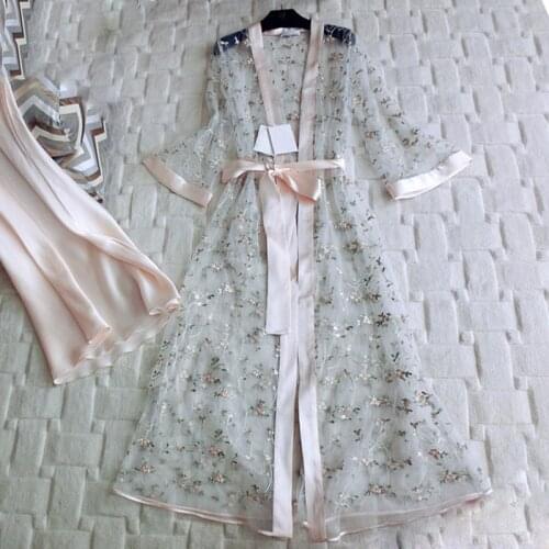 Sexy Nightdress Autumn Floral Embroidered Gauze Women 2 Pieces Robes Sets Silk Inner Slip Female Elegant Sleepwear Sleep Dress