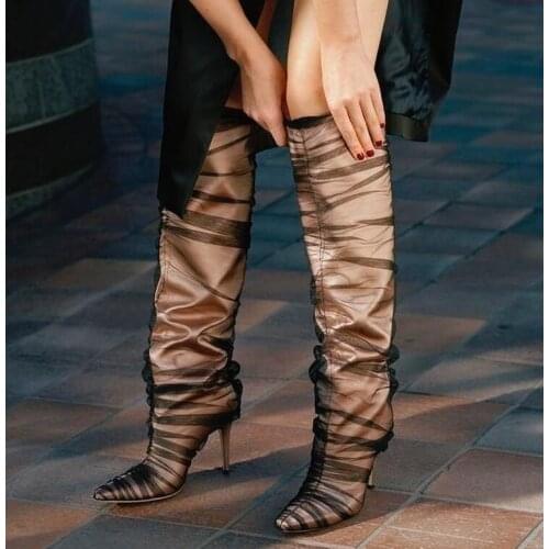 Newest Fashion Clear PVC Outside Women Knee High Boots Sexy Pointy Toe Ladies Slip On High Heel Boots Knight Boots Black Lace