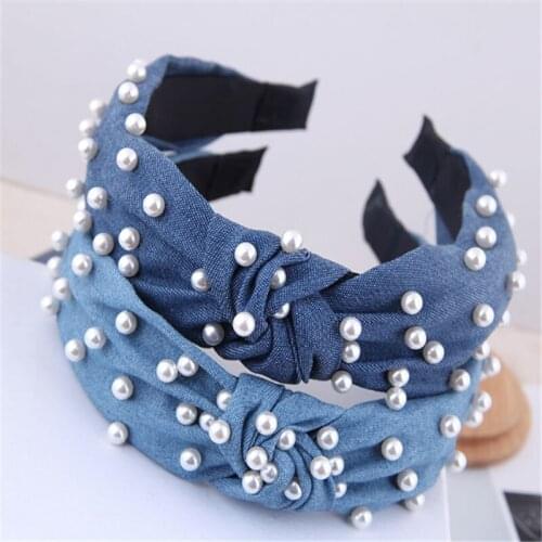 New Korean Pearl Blue Denim Hair Band Fashion Solid Wide Hairhoop For Women Girl Simple Knotted Turban Hair Accessories Headwear