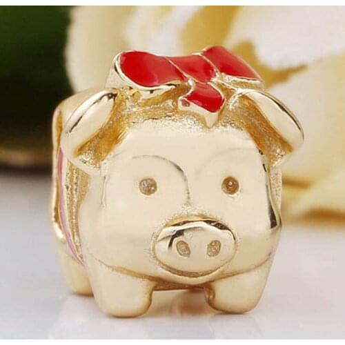 Original Red Enamel Bow Shine Piggy Bank Beads Fit 925 Sterling Silver Bead Charm Bracelet Bangle Diy Jewelry