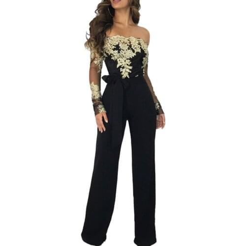 Sexy Elegant Off Shoulder Floral Embroidery Lace Jumpsuit Women Sheer Long Sleeve Fitted Romper Wide Leg Pants Macacao Feminino