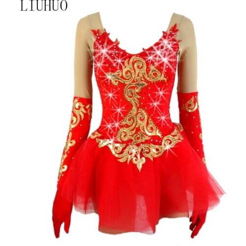 LIUHUO Figure Skating Dress Women Girls Spandex long Sleeves Quality Crystals Diamonds Ice Skating Roller Skating Ballet Dress