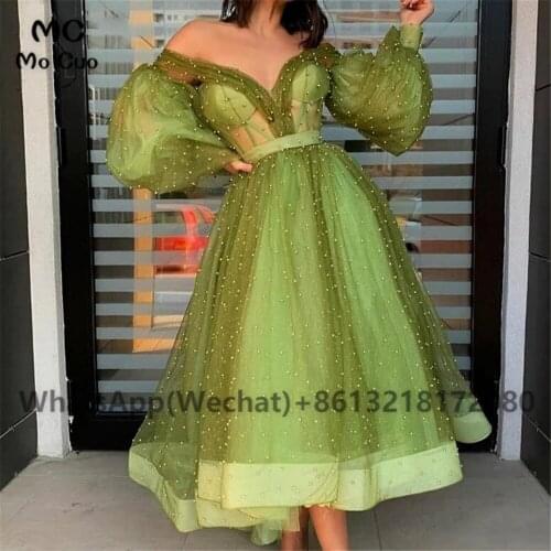 Off Shoulder Puffy Long Sleeves Homecoming dresses Short Beaded Tulle Ankle Length Cocktail party dress short homecoming dress