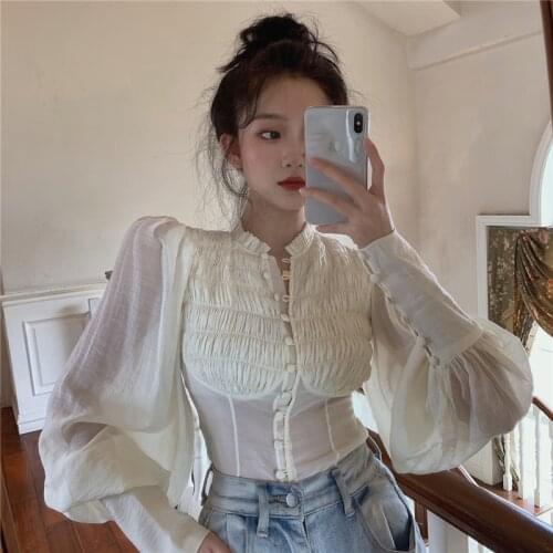 Retro Fold Design Lantern long-sleeved Crop Tops Autumn 2021 Fashion Korean Women shirt Single-breasted Short Blouse