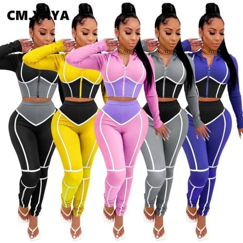 CM.YAYA Sportwear Patchwork Womens Set Long Sleeve Zipper Top Jogger Pant Set Tracksuit Fitness Two Piece Outfits Matching Set