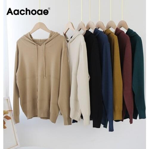 Aachoae 2020 Solid Color Knitted Hooded Sweater Women Autumn Long Sleeve Casual Jumper Tops Chic Ladies Pullovers Pull Femme