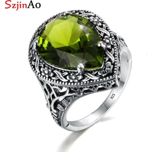 Szjinao Love Rings For Women Antique Jewelry Green Olivine Women Authentic 925 Sterling Silver Ring Tibetan Handmade Ring