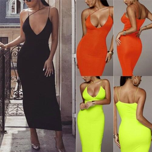 2021 Women Sexy Bodycon Sleeveless Strap Deep V-neck Dress Hollow Out Solid Clubwear Party Long Maxi Dress Sundress New Arrival