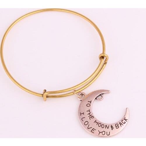 2D double-sided i love you to the moon and back Curved moon shape charms with Copper Expandable Bangle Bracelet Gift Jewelry
