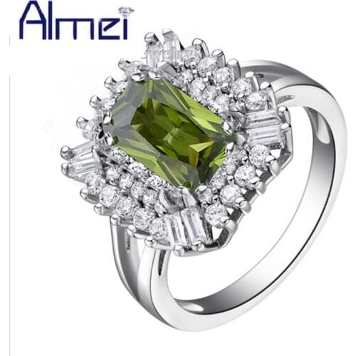 Almei Sale USA Silver Color Rings for Women Fashion Crystal Ring With Big Green Blue Stone Wedding Jewelry Dropshipping J556