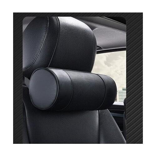 Memory Foam Car Neck Pillow/Genuine Leather Auto Cervical Round Roll Office Chair Bolster Headrest Supports Cushion Pad Black