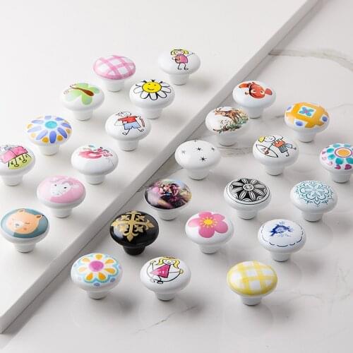 Children Bedroom Cartoon Ceramic Handles Wardrobe Cupboard Drawer Pulls Knobd Single Round Kitchen Door Rural Furniture Handles