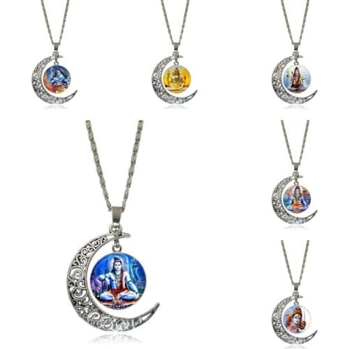 EJ Glaze For Girls Lord Shiva Jewelry With Silver Plated Glass Cabochon Crescent Moon Choker Long Pendant Necklace
