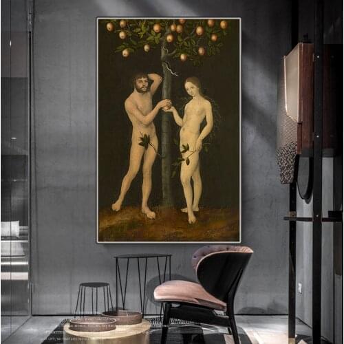 Citon Canvas Art Oil Painting Lucas Cranach《Adam and Eve》Artwork Poster Picture Wall Decor Modern Home Living room Decoration