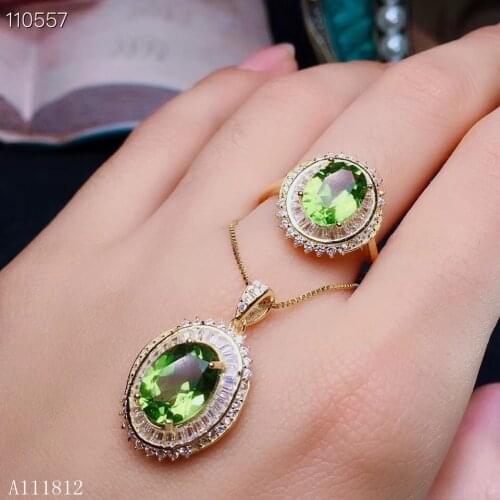 KJJEAXCMY boutique jewels 925 Sterling Silver olivine Pendant + Necklace + ring suit support detection