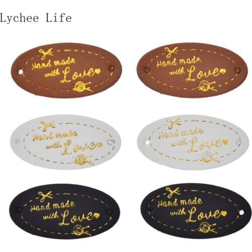 Lychee Life 8/24Pcs Handmade With Love PU Leather Labels Tags For Jeans Bags Shoes Sewing Crafts Diy