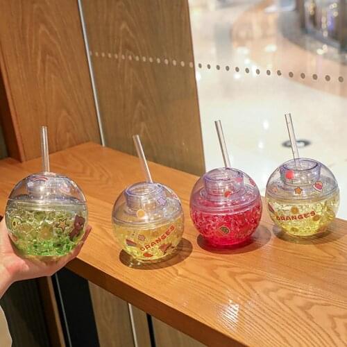 Fashion Creative Spherical Water Bottle With Straw Plastic Cup Lovely Girl Water Cup Childrens Gift Kawaii Mugs Drinking Bottle