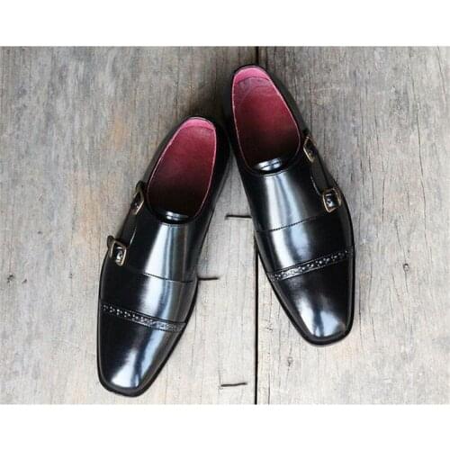 2021 New Men Shoes Fashion Casual Trend Handmade Black PU Classic Square Toe Hollow Double Monk Strap Loafers KS243