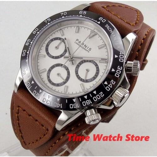 Luxury 39mm Parnis mechanical watch men waterproof Quartz leather bracelet Full Chronograph white dial bezel luminous wrist
