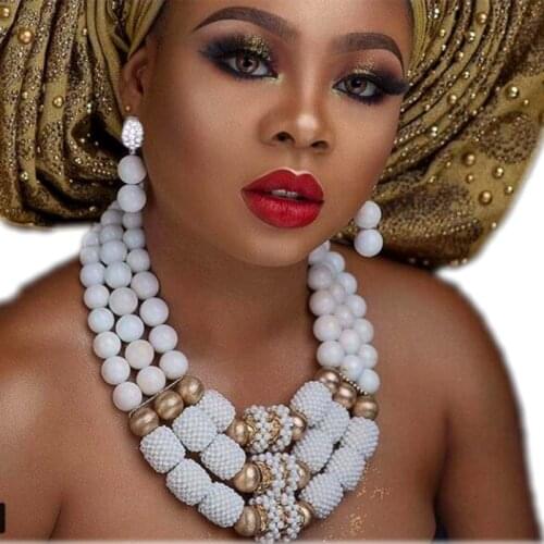 Pure White and Gold Bridal Jewelry Set Balls Wedding Jewellery Set African Nigerian Beads Necklace Earrings Bracelet Set 2018
