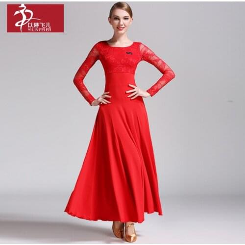 New round neck long-sleeved lace stitching modern skirts vestidos baile standard ballroom dancing dress ballroom waltz dresses