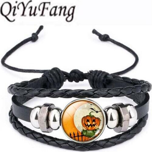 Qiyufang 5pcs Vintage Halloween Jewelry Pumpkin Glass Cabochon Statement Bracelet Bangle For Kids Gift steel Color Chain