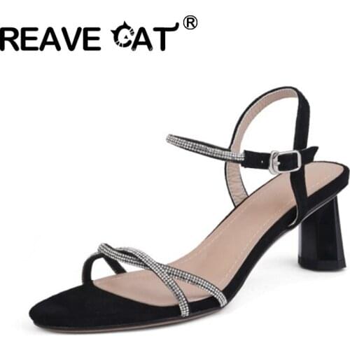 REAVE CAT 2021 Rhinestone Sandals Slingbacks Narrow Band Open Toe Crystal Buckle Strap 6cm Strange Heel US12 Beige Black A4304