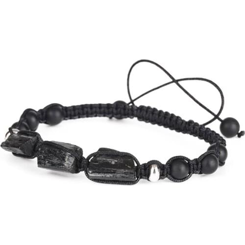 Natural Rough Black Tourmaline Bead Adjustable Healing Stone Matte Onyx Nylon Rope Unisex Adjustable Macrame Energy Bracelet