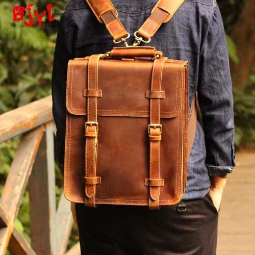 Crazy Horse Leather Retro Mens Backpack Men Handmade First Layer Cowhide travel Backpacks Leather Casual male School Bags