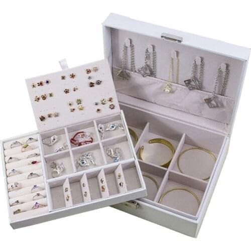 Classical Style Jewelry Box With Lock Large Capacity Double PU Leather Earrings Storage Box Earrings Necklace Bracelet Show
