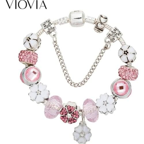 VIOVIA 2019 New Fashion Pink Charms Bracelet & Bangles Flower Pendant Fit Original Bracelet for Women Diy Girl Jewelry B18021