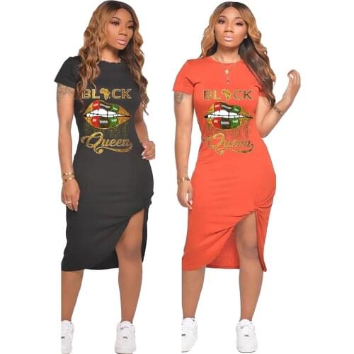 Printed Sexy Lip T-shirt Dresses Women Short Sleeve Asymmetric Split Drapped Bottom Ladies Sundress Fashion Summer Streetwear