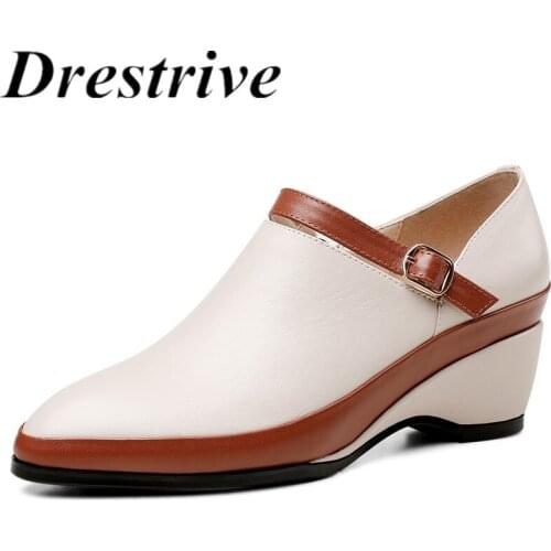 Drestrive Women Pumps Cow Leather Pointed Toe Wedges Mixed Colors 2021 Spring High Heel Shoes Platform Buckle Black Size 41