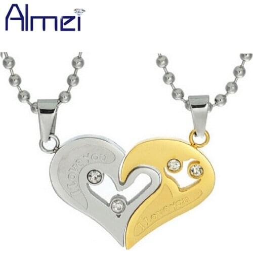 Almei Ladies Blue Chocker Black Heart Love Necklaces for Couples Women Mens Stainless Steel Free Chain Paired Pendants SN102