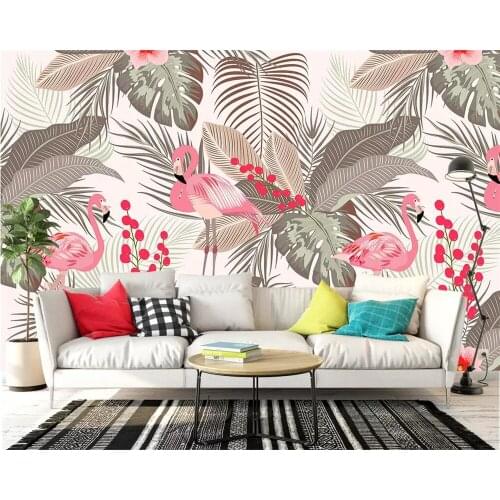 Beibehang 3D photo custom mural wall beautiful romantic Nordic simple small fresh flamingo tropical leaves TV background wall