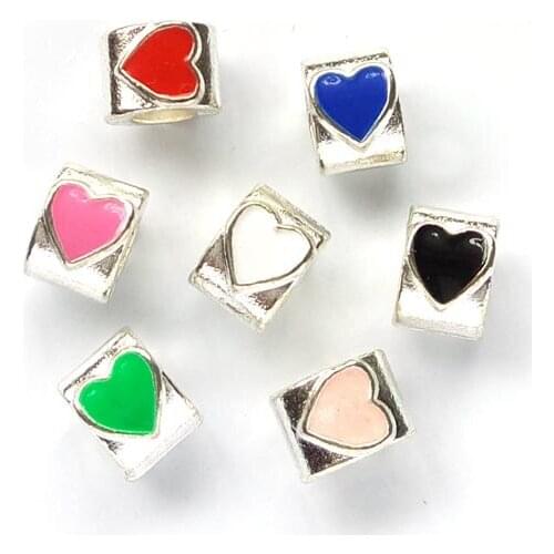 Free shipping 50pcs/lot silver plated alloy acrylic colorful plated big hole heart beads fit European bracelet Jewelry DIY