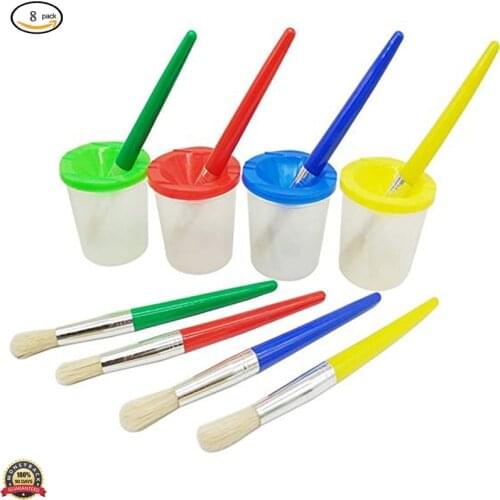 Childrens No Spill Paint Cups with Colored Lids Large Round Brush Set with Plastic Handles Spill Proof Paint Cups Paint Brushes