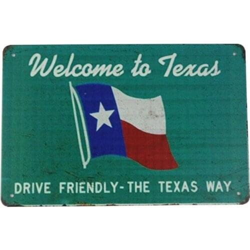 Welcome to Texas drive friendly Texas way tin metal sign deco bar