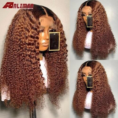 Ombre Brown Kinky Curly 13x4 Lace Front Human Hair Wigs 8-24'' 180% Density Pre-Plucked Brazilian 5x5'' Silk Base Closure Wigs