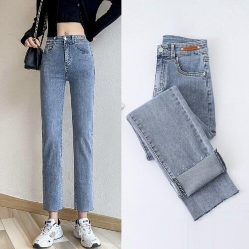 Stretchy Mom Jeans High Waist Straight Jeans Woman Loose Thin Ankle-Length Pants Washed Light Blue Baggy Jeans Women 2021 New