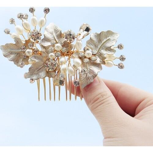 Elegant Wedding Hair Comb Gold Pearls Rhinestones Headpiece Flower Bridal Headwear Wedding Accessories Jewelry HD66