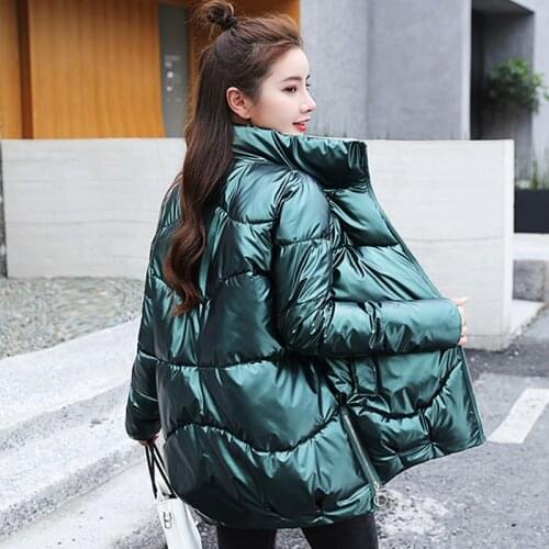 Fad Womens Long Jacket Shiny Plus Size Solid Parkas Female Winter Stand Collar Cotton Padded Glossy Casual Thick Coat Ladies