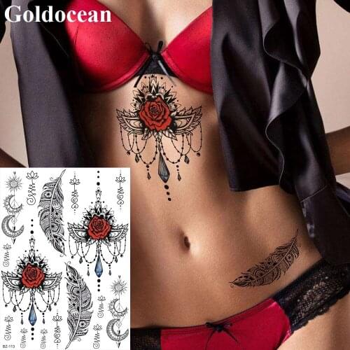 GoldOcean Black Henna Pendants Feather Rose Fake Tattoo Stickers Body Waist Arm Tattoos Temporary Waterproof India Custom Tato